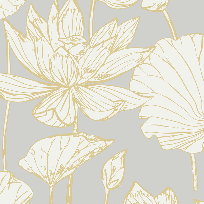 Seabrook Designs Water Lily Floral Metallic Gold & Grey Wallpaper ET10906