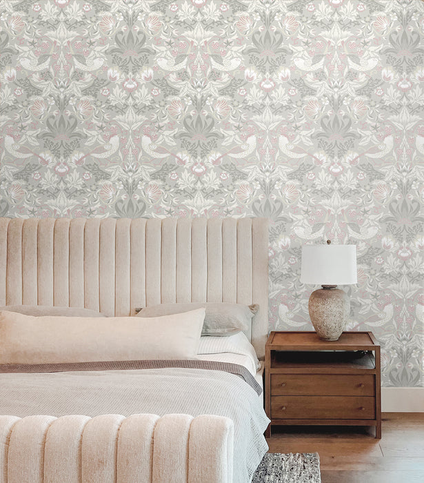 Seabrook Designs Fragaria Garden Light Grey & Rose Petal Wallpaper Sample ET11208