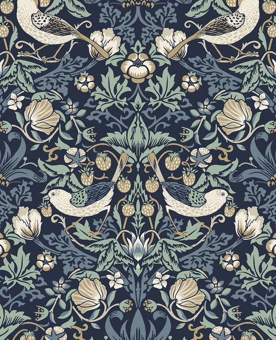 Seabrook Designs Fragaria Garden Navy Blue & Aloe Wallpaper Sample ET11212