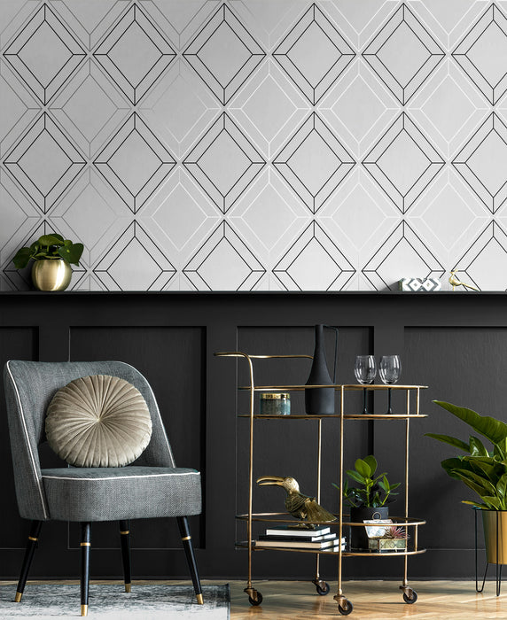 Seabrook Designs Linework Gem Metallic Silver & Ebony Wallpaper ET11600