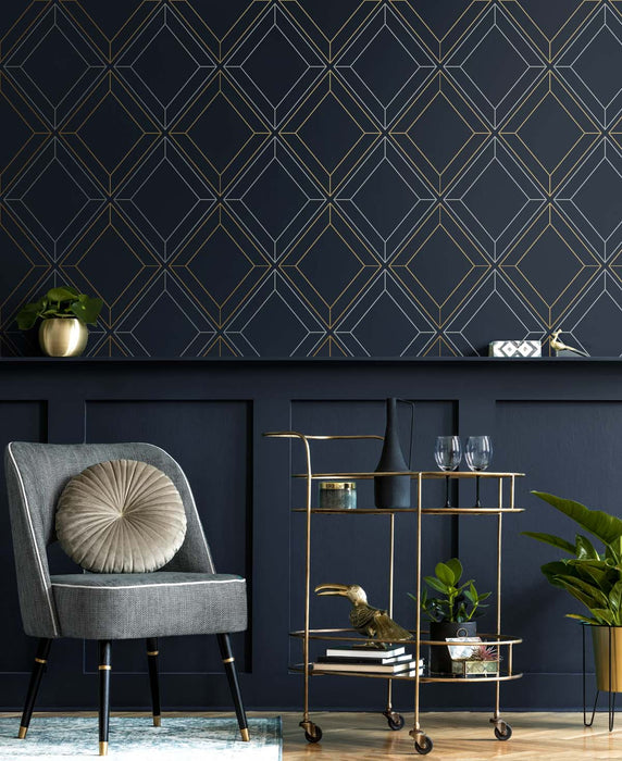 Seabrook Designs Linework Gem Midnight Blue & Metallic Gold Wallpaper Sample ET11602