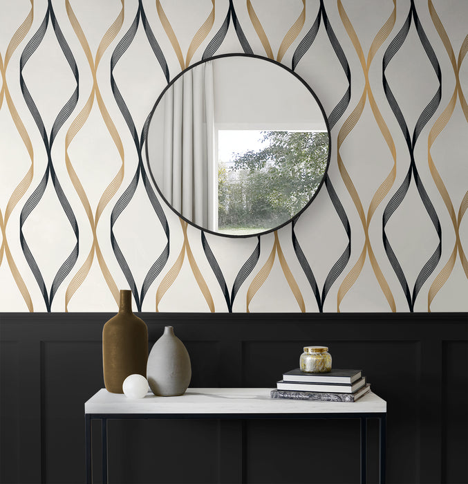 Seabrook Designs Wave Ogee Metallic Gold & Ebony Wallpaper ET11806