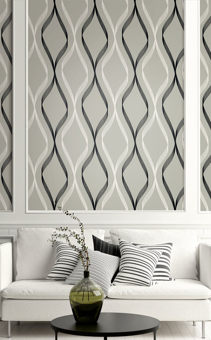 Seabrook Designs Wave Ogee Fog Grey & Ebony Wallpaper ET11808