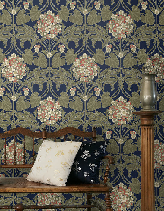 Seabrook Designs Floral Hydrangea Navy & Terra Cotta Wallpaper Sample ET12102