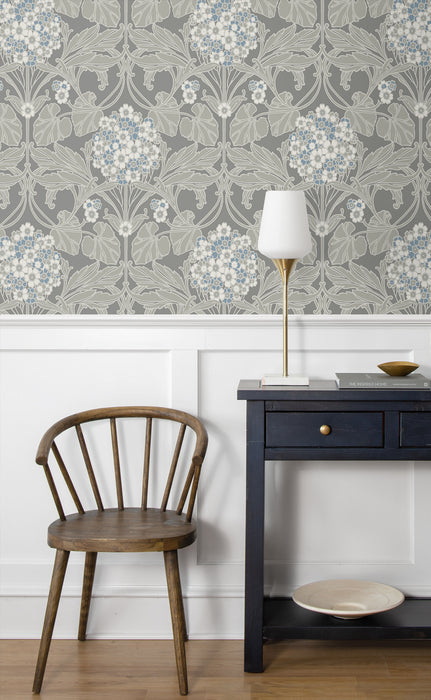 Seabrook Designs Floral Hydrangea Daydream Grey & Carolina Blue Wallpaper Sample ET12105