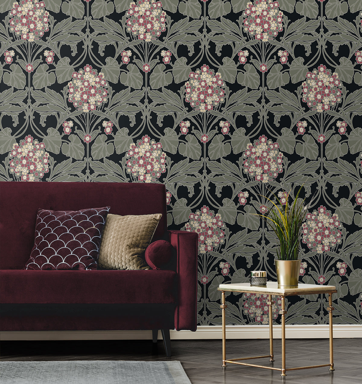 Seabrook Designs Floral Hydrangea Ebony & Rose Wallpaper Sample ET12110