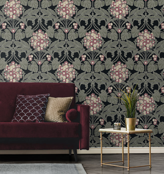 Seabrook Designs Floral Hydrangea Ebony & Rose Wallpaper Sample ET12110