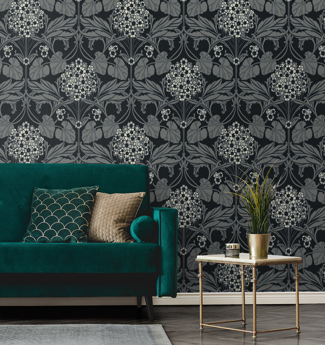 Seabrook Designs Floral Hydrangea Ebony & Charcoal Wallpaper Sample ET12120