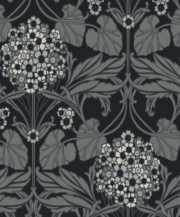 Seabrook Designs Floral Hydrangea Ebony & Charcoal Wallpaper Sample ET12120