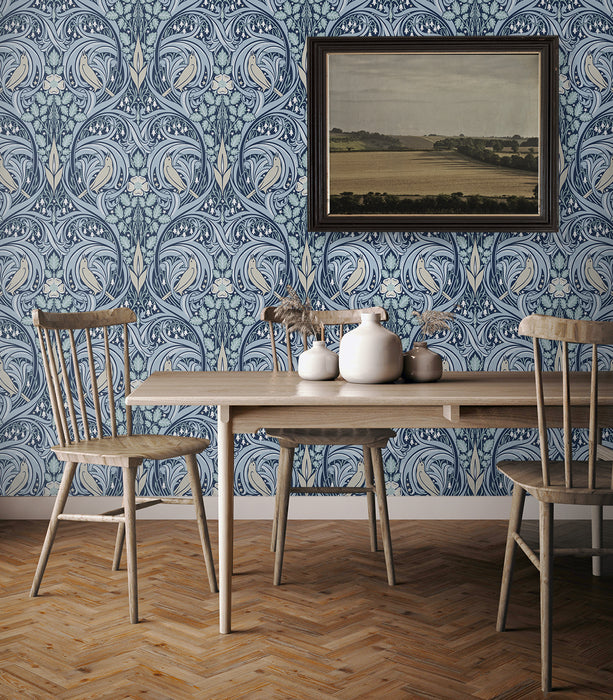 Seabrook Designs Bird Scroll Denim & Blue Mist Wallpaper Sample ET12202