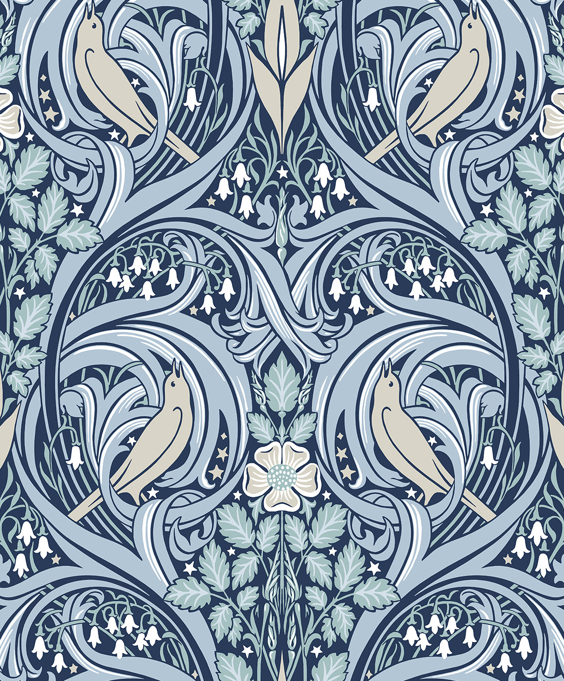 Seabrook Designs Bird Scroll Denim & Blue Mist Wallpaper ET12202