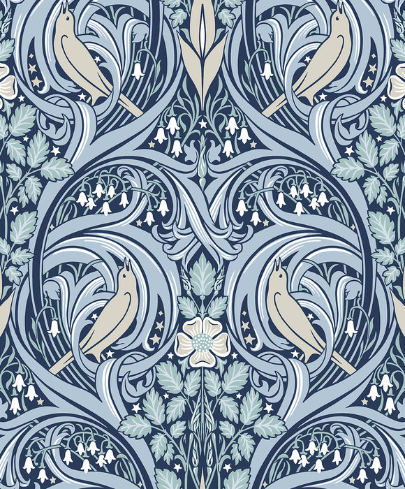 Seabrook Designs Bird Scroll Denim & Blue Mist Wallpaper Sample ET12202