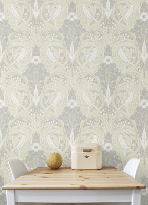 Seabrook Designs Bird Scroll Swiss Coffee & Grey Wallpaper ET12205