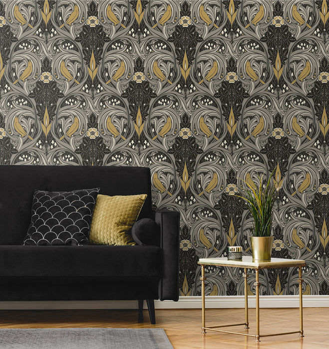 Seabrook Designs Bird Scroll Charcoal & Goldenrod Wallpaper Sample ET12208