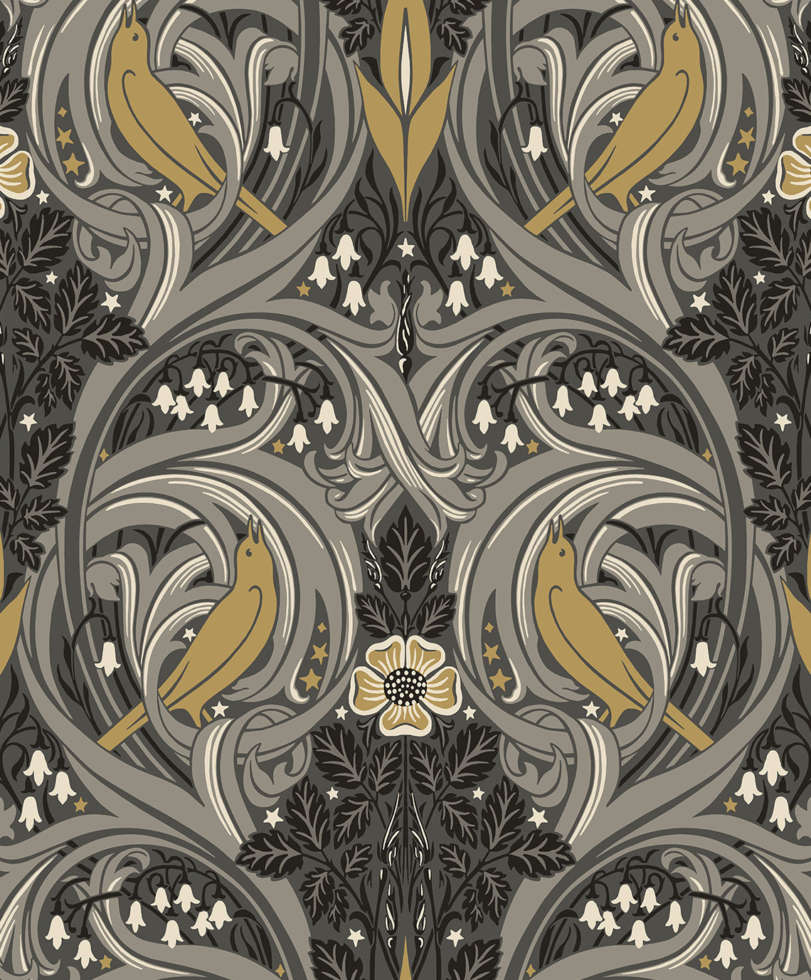 Seabrook Designs Bird Scroll Charcoal & Goldenrod Wallpaper ET12208