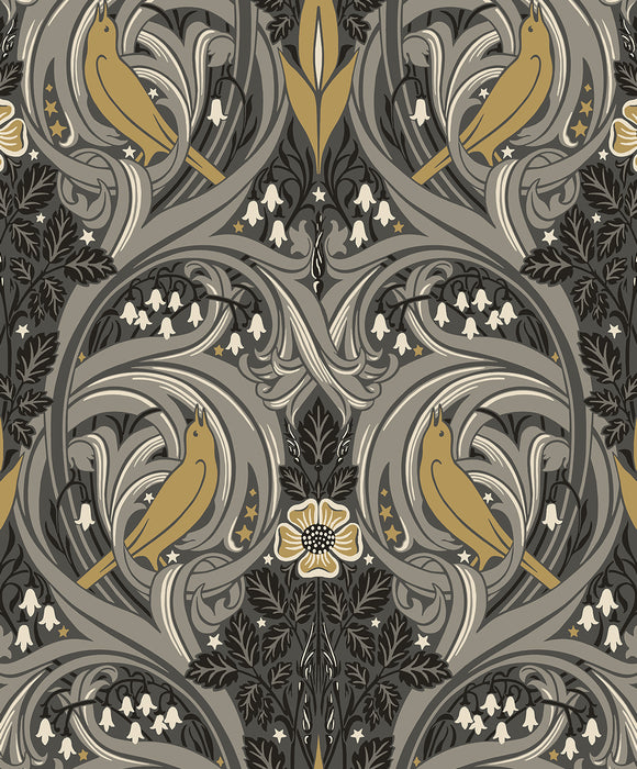 Seabrook Designs Bird Scroll Charcoal & Goldenrod Wallpaper Sample ET12208