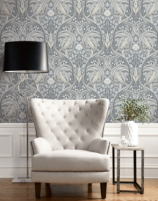 Seabrook Designs Bird Scroll Argos Grey & Linen Wallpaper ET12210