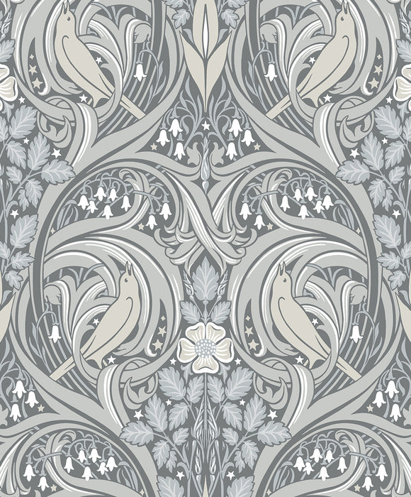 Seabrook Designs Bird Scroll Argos Grey & Linen Wallpaper Sample ET12210