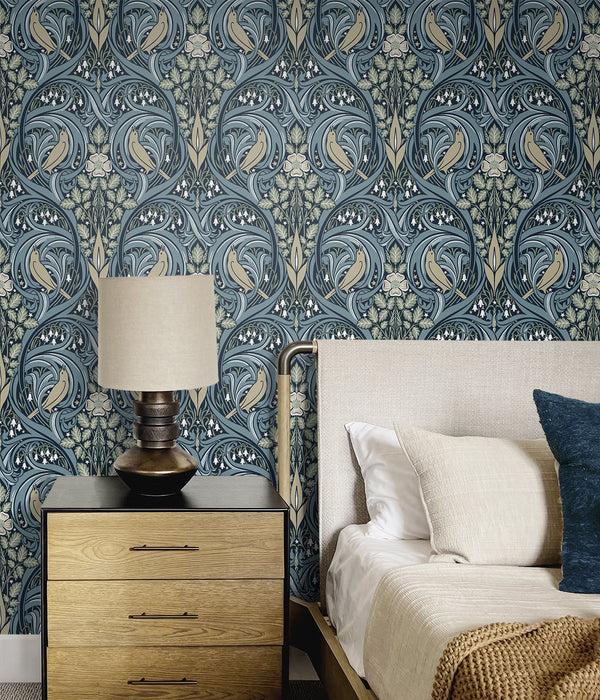 Seabrook Designs Bird Scroll Navy & Beige Wallpaper ET12212