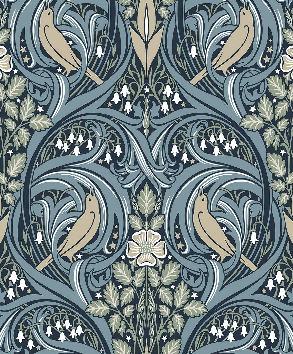 Seabrook Designs Bird Scroll Navy & Beige Wallpaper Sample ET12212