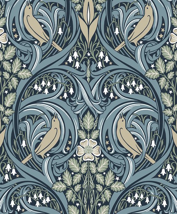 Seabrook Designs Bird Scroll Navy & Beige Wallpaper Sample ET12212