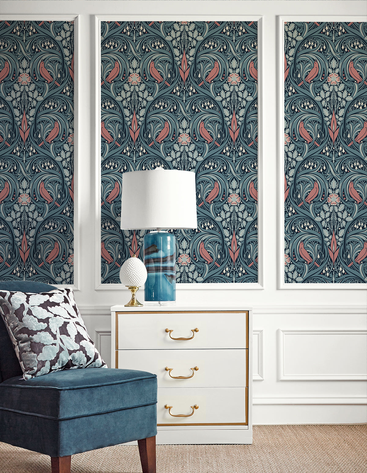 Seabrook Designs Bird Scroll Aegean Teal & Coral Wallpaper ET12222