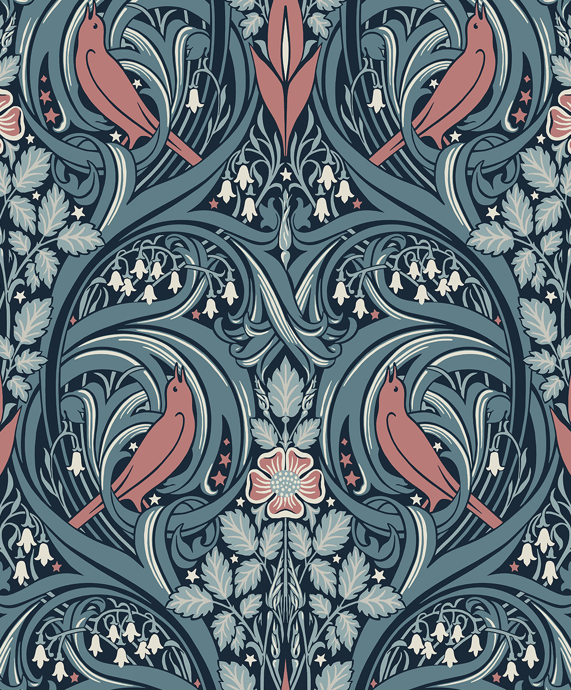 Seabrook Designs Bird Scroll Aegean Teal & Coral Wallpaper ET12222