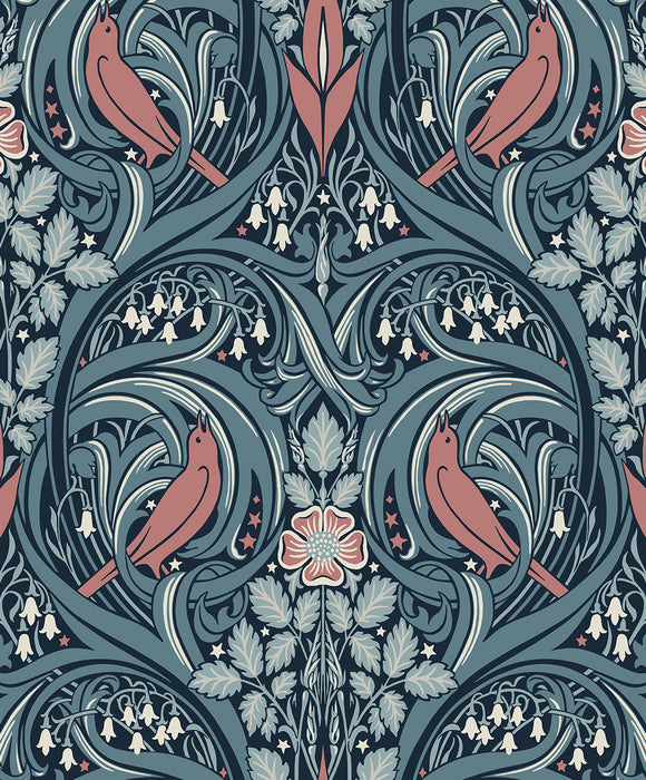 Seabrook Designs Bird Scroll Aegean Teal & Coral Wallpaper ET12222