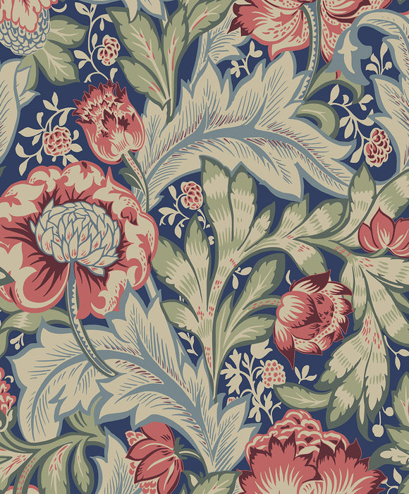 Seabrook Designs Acanthus Garden Marine Blue & Watermelon Wallpaper Sample ET12302