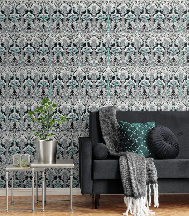 Seabrook Designs Dragonfly Damask Ebony & Aqua Wallpaper Sample ET12404