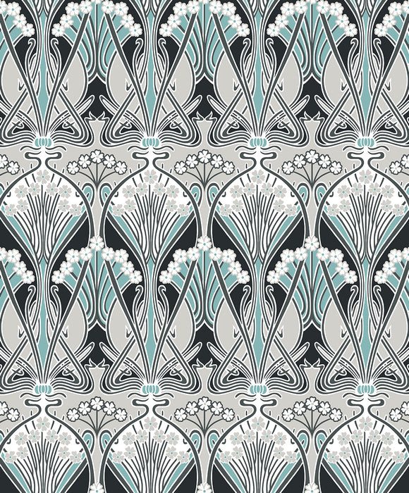 Seabrook Designs Dragonfly Damask Ebony & Aqua Wallpaper Sample ET12404