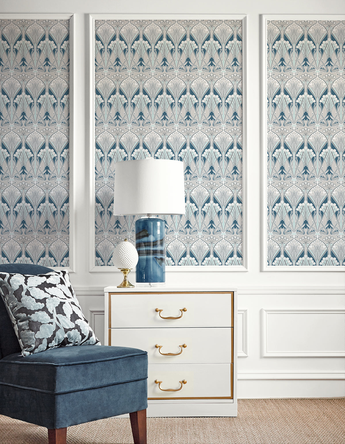 Seabrook Designs Dragonfly Damask Aegean Blue & Dewdrop Wallpaper ET12414