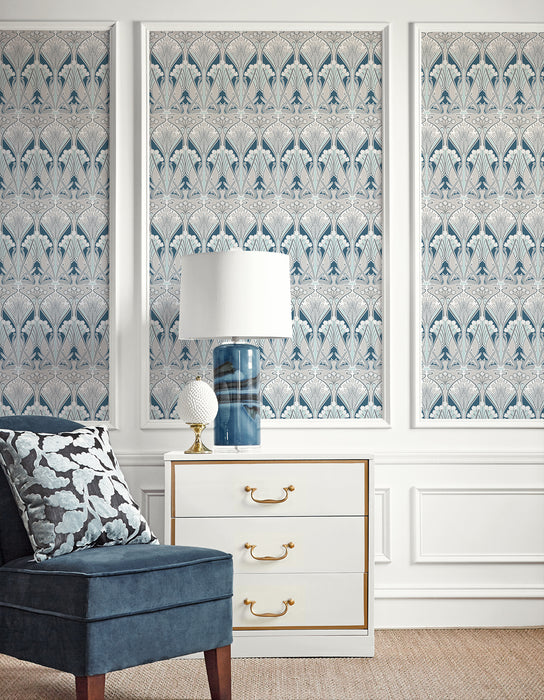 Seabrook Designs Dragonfly Damask Aegean Blue & Dewdrop Wallpaper Sample ET12414