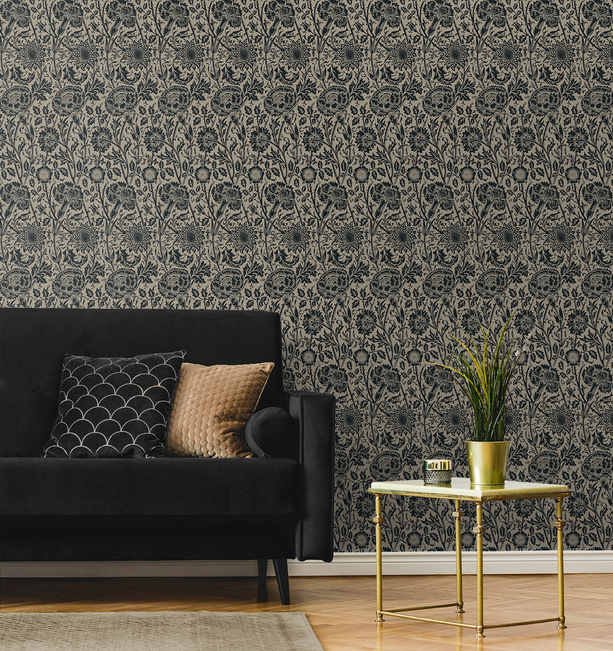 Seabrook Designs Tonal Floral Trail Taupe & Ebony Wallpaper ET12518