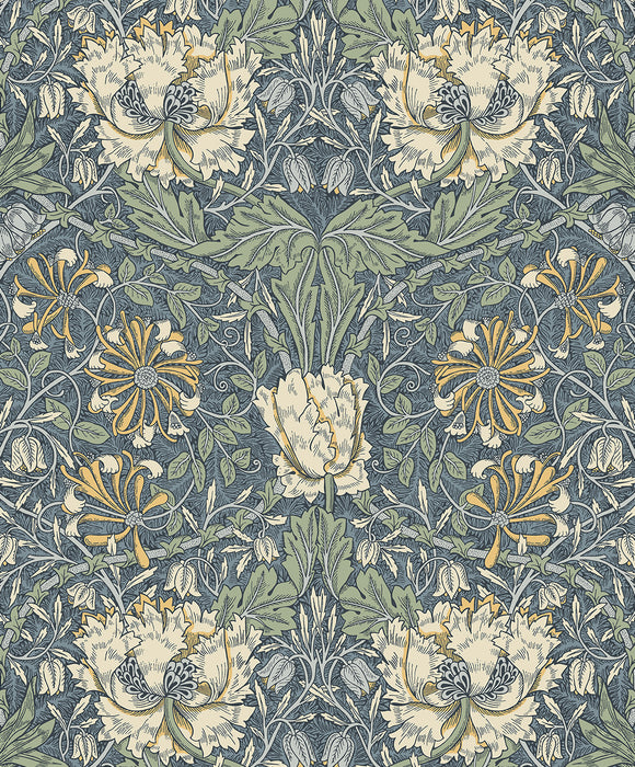 Seabrook Designs Ogee Flora Blue Lake & French Vanilla Wallpaper Sample ET12602