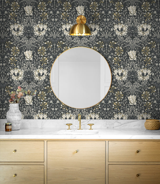 Seabrook Designs Ogee Flora Charcoal & Goldenrod Wallpaper Sample ET12608