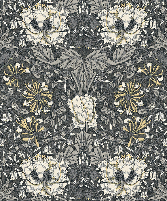 Seabrook Designs Ogee Flora Charcoal & Goldenrod Wallpaper Sample ET12608