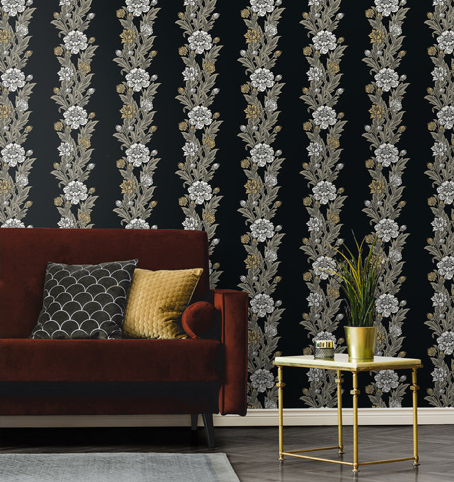 Seabrook Designs Blooming Stripe Ebony & Goldenrod Wallpaper Sample ET12700