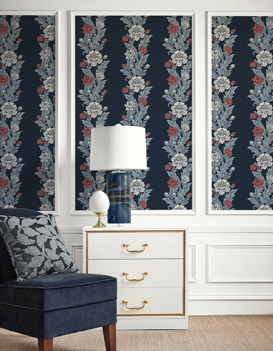 Seabrook Designs Blooming Stripe Deep Navy & Berry Wallpaper ET12712