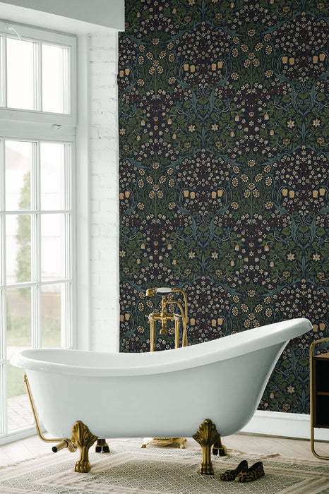 Seabrook Designs Victorian Floral Midnight Blue & Evergreen Wallpaper Sample ET13222