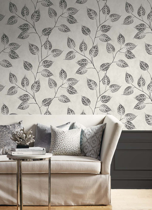 Seabrook Designs Branch Trail Silhouette Black And White Wallpaper Sample EW10820