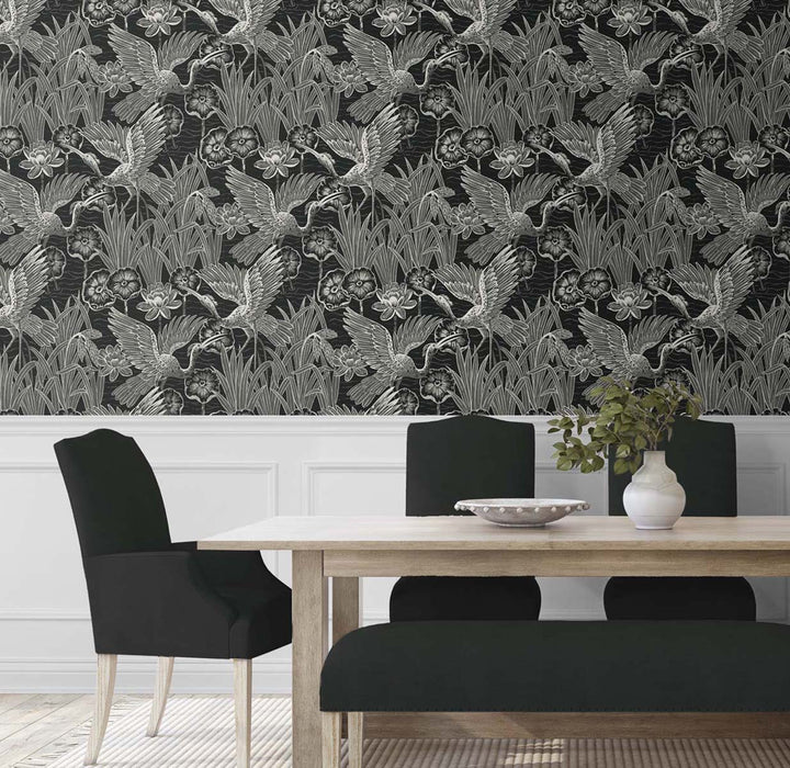 Seabrook Designs Marsh Cranes Midnight Wallpaper Sample EW11000