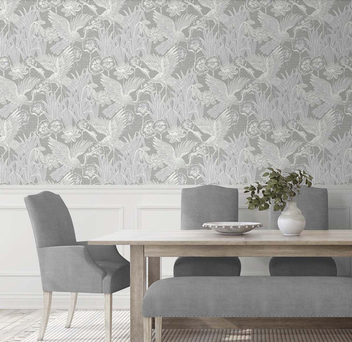 Seabrook Designs Marsh Cranes Anew Grey Wallpaper Sample EW11008