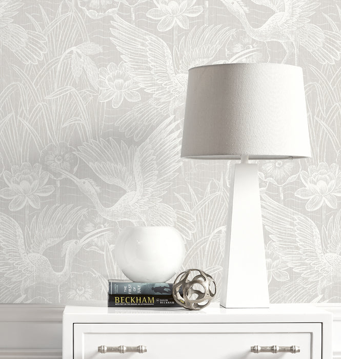 Seabrook Designs White Heron Floral Heron Neutral Wallpaper EW11500