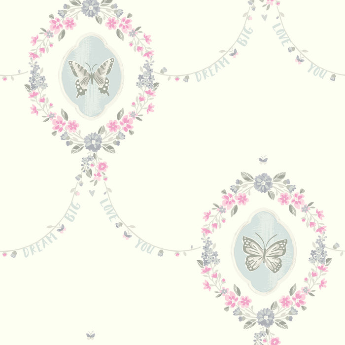 Seabrook Designs Flutter Butterfly Pink And Metallic Silver Wallpaper Sample FA41408