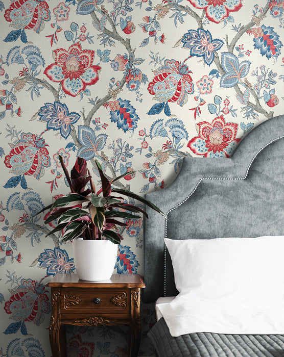 Seabrook Designs Bernadette Jacobean French Blue & Antique Ruby Wallpaper Sample FC60401