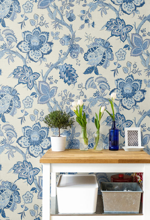 Seabrook Designs Bernadette Jacobean French Blue Wallpaper Sample FC60402