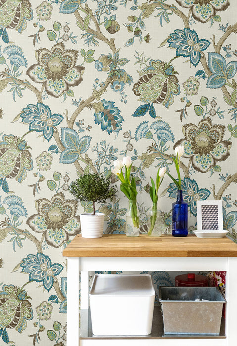 Seabrook Designs Bernadette Jacobean Hickory Smoke & Blue Bell Wallpaper Sample FC60406