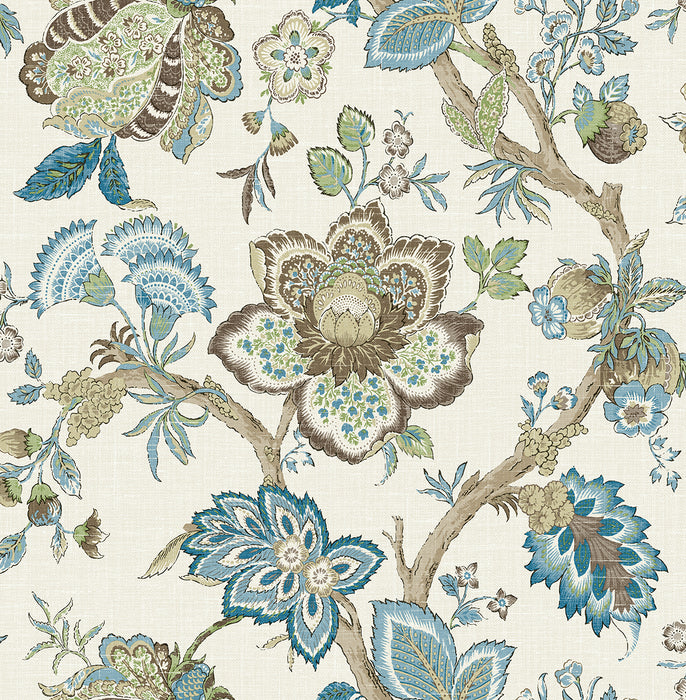 Seabrook Designs Bernadette Jacobean Hickory Smoke & Blue Bell Wallpaper FC60406