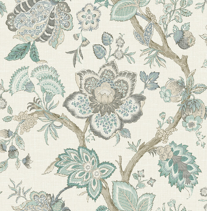 Seabrook Designs Bernadette Jacobean Summer Sky & French Blue Wallpaper Sample FC60408